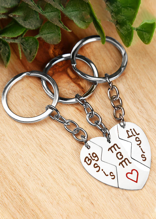 

3Pcs Big Sis Lil Sis Mom Heart Keychain, Silver, 498909