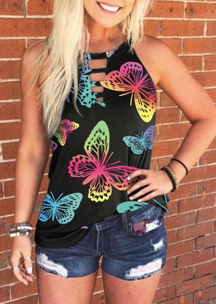 Gradient Colorful Butterfly Keyhole Neck Tank