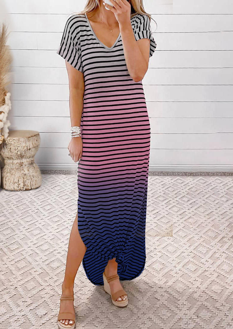 

Gradient Striped Slit V-Neck Maxi Dress, Multicolor, 506066