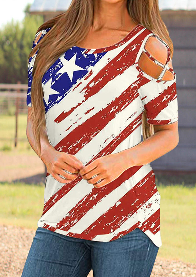 

American Flag Star Striped Criss-Cross Cold Shoulder Blouse, Multicolor, 506373