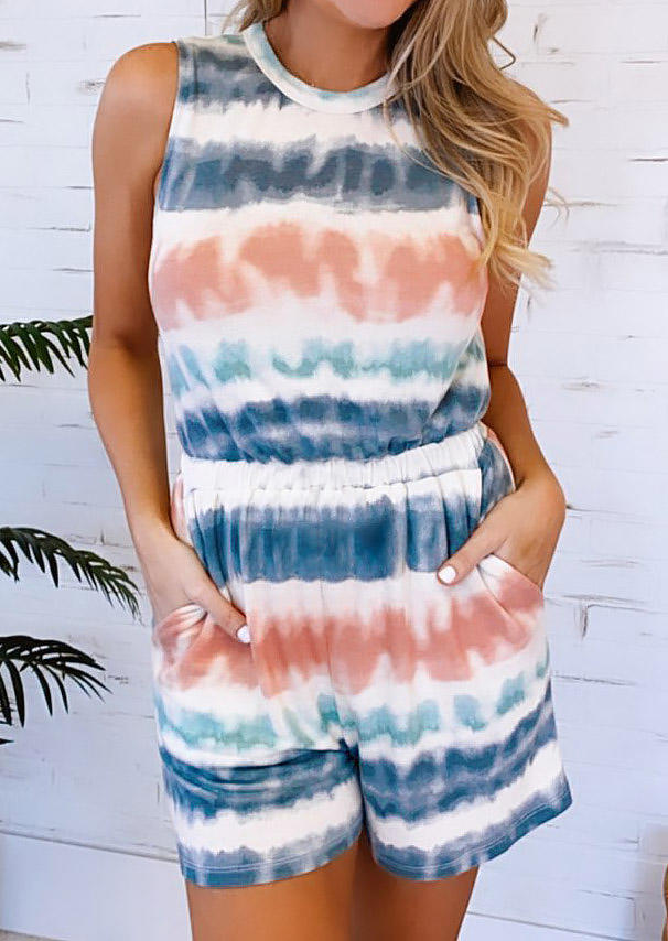 

Tie Dye Pocket Hollow Out Sleeveless Romper, Multicolor, 506377