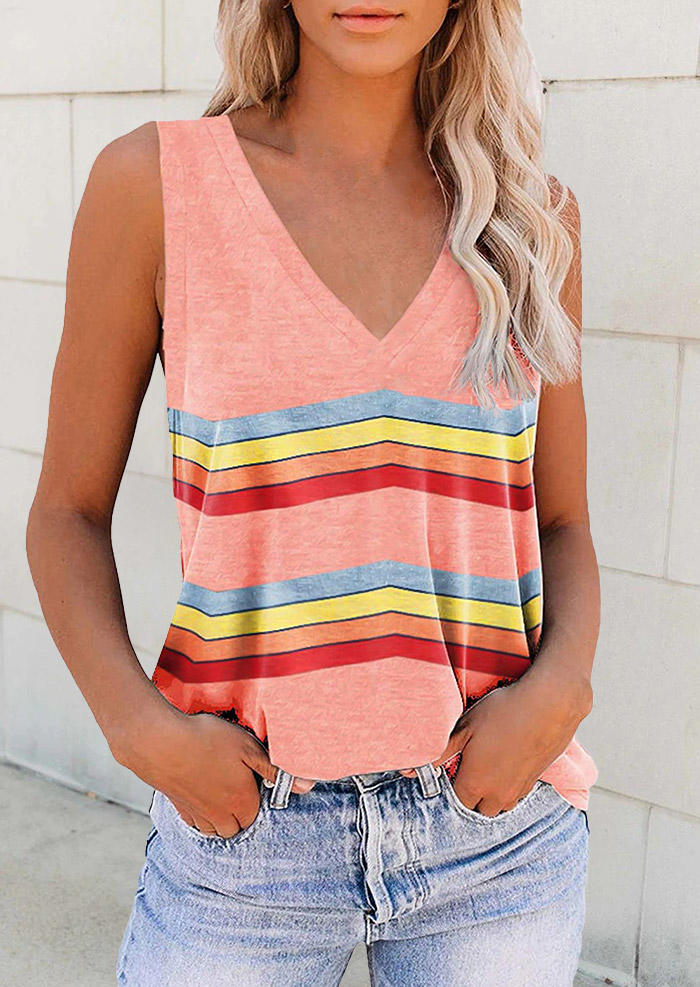 

Striped V-Neck Sleeveless Tank - Pink, 506438