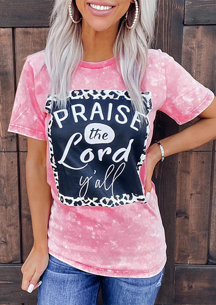 

Leopard Praise The Lord Y'all Bleached T-Shirt Tee - Pink, 506444