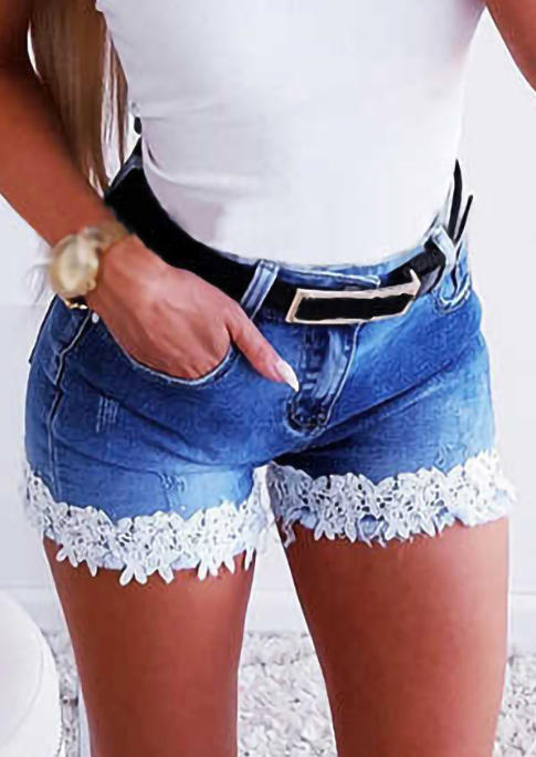 

Lace Splicing Pocket Zipper Denim Shorts - Blue, 506452