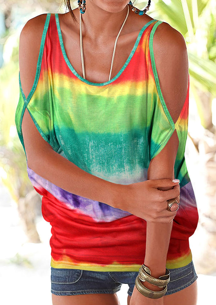 

Gradient Colorful Cold Shoulder Hollow Out Blouse, Multicolor, 506453