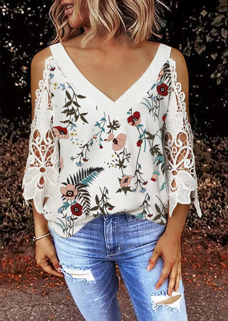 

Floral Leaf Lace Cold Shoulder Blouse, White, 506502