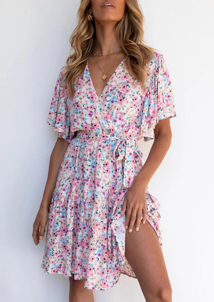 

Floral Tie Ruffled V-Neck Flare Sleeve Mini Dress, Multicolor, 506517