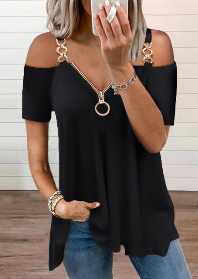 

Zipper Metal Chain Strap Cold Shoulder Blouse - Black, 506534