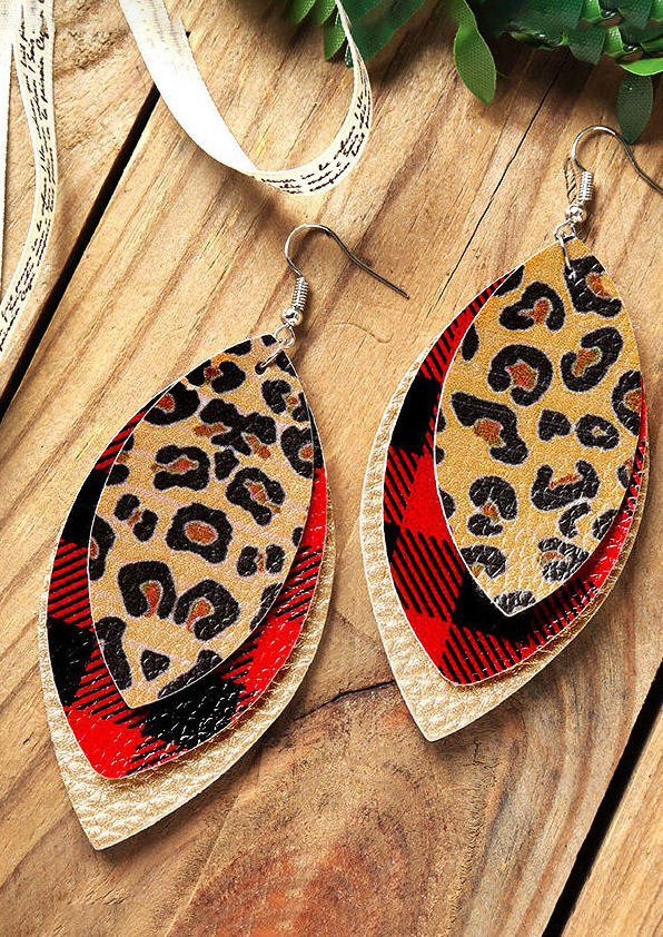 

Plaid Leopard Printed Three-Layered Earrings, Multicolor, 457289