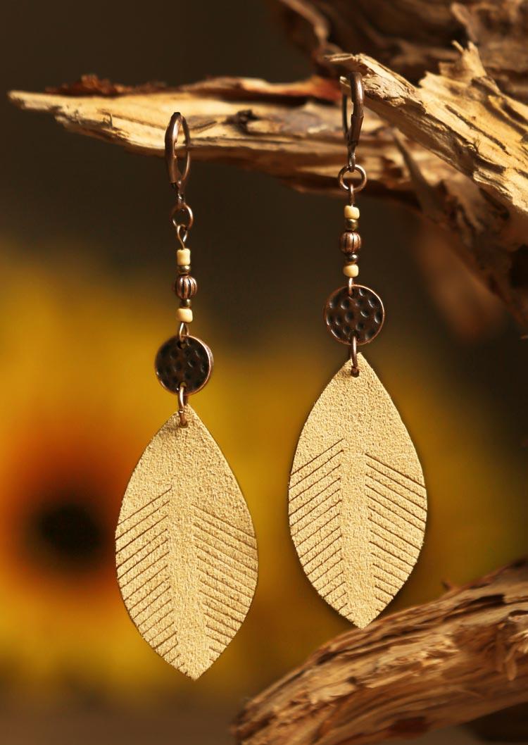 

Vintage Palm Leaf Beading Leather Earrings, Khaki, 462165