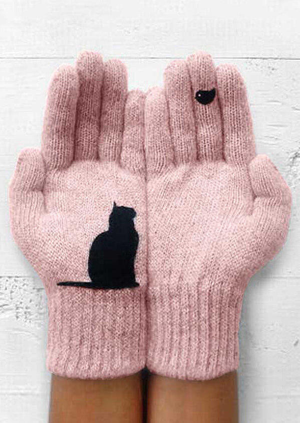 

Winter Warm Black Cat Bird Knitted Gloves, Pink, 488046