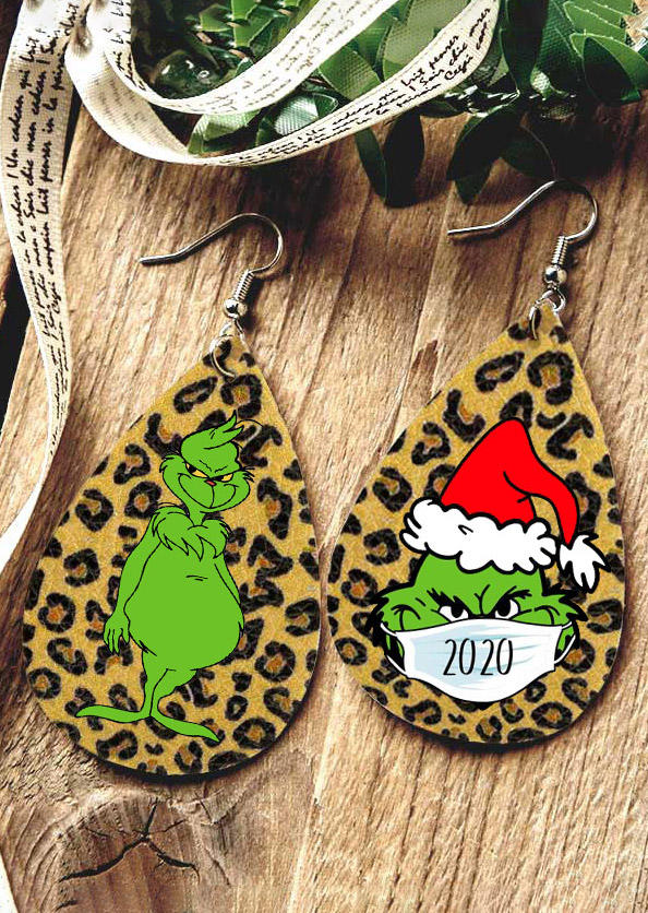 

Christmas Double-Sided 2020 Grinch Leopard Water Drop PU Leather Earrings, 489332