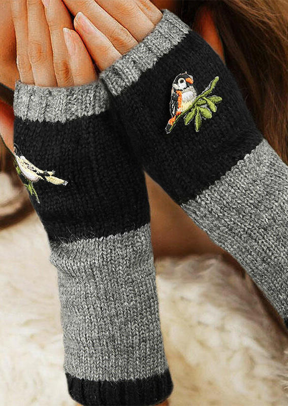 

Bird Embroidered Color Block Fingerless Thumbhole Knitted Gloves, Black, 491564