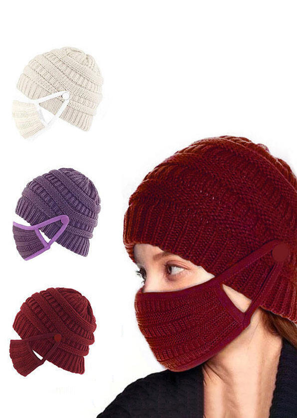 2Pcs Winter Button Knitted Beanie Hat And Mouth Shield Set