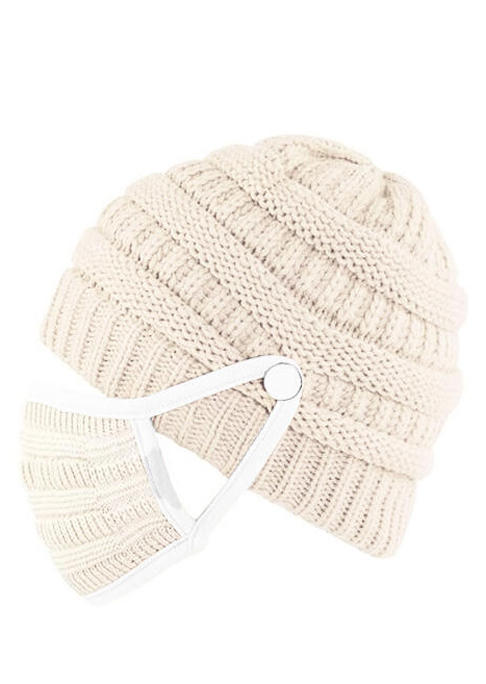 2Pcs Winter Button Knitted Beanie Hat And Mouth Shield Set