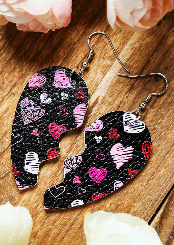 

Creative Love Heart PU Leather Earrings, Black, 492595