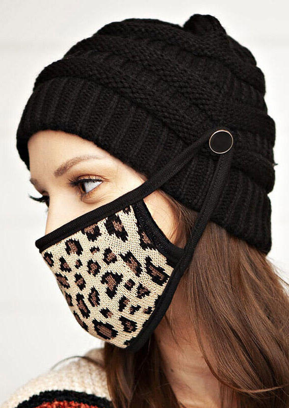 

2Pcs Leopard Button Knitted Beanie Hat And Mouth Shield Set, Black, 492645