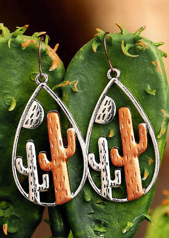 

Western Hollow Out Cactus Water Drop Earrings - Silver, 494186