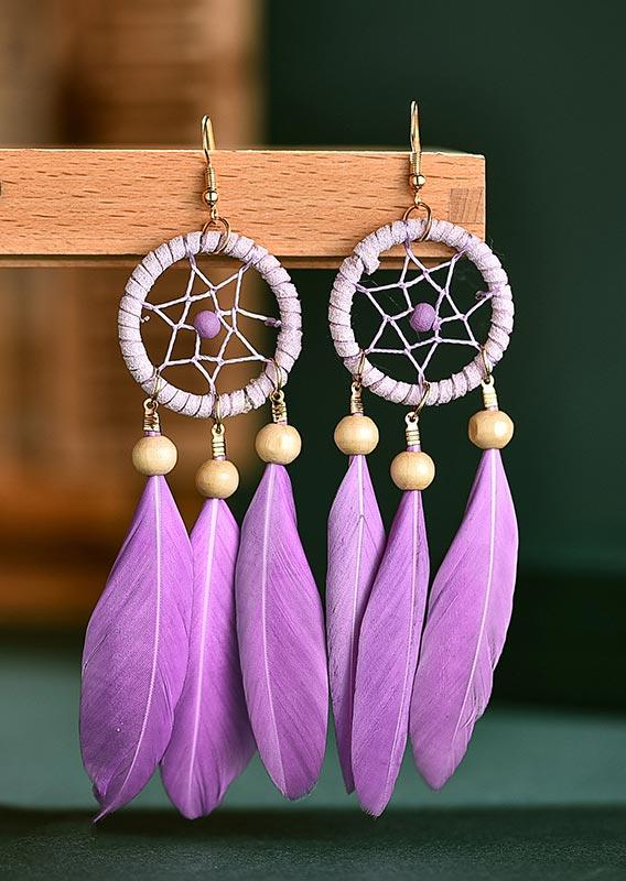 

Vintage Hollow Out Dreamcatcher Long Feather Earrings, Purple, 494653