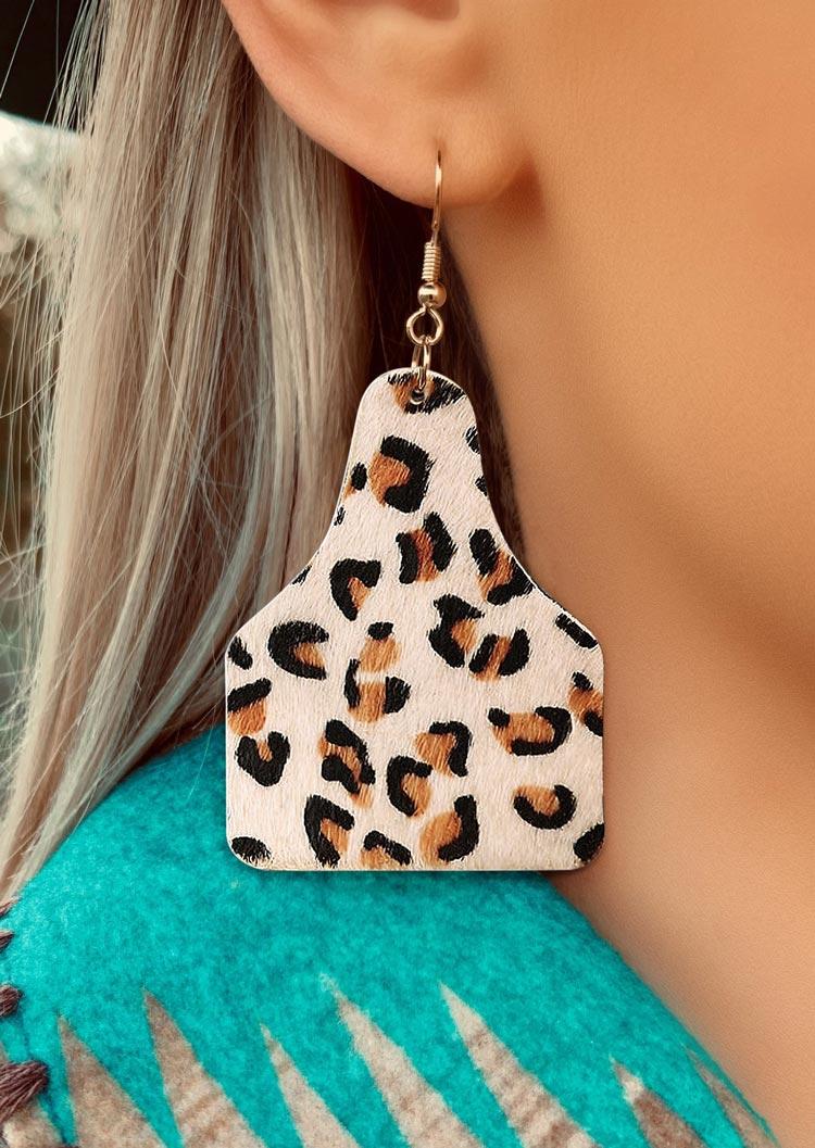 

Leopard Leather Geometric Pendant Earrings, White, 494783