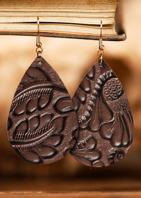 

Vintage Embossed Palm Leaf Water Drop Leather Earrings, Coffee, 494834