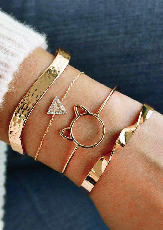 

4Pcs Rhinestone Geometric Hollow Out Cat Twist Open Bracelet Set, Gold, 495195