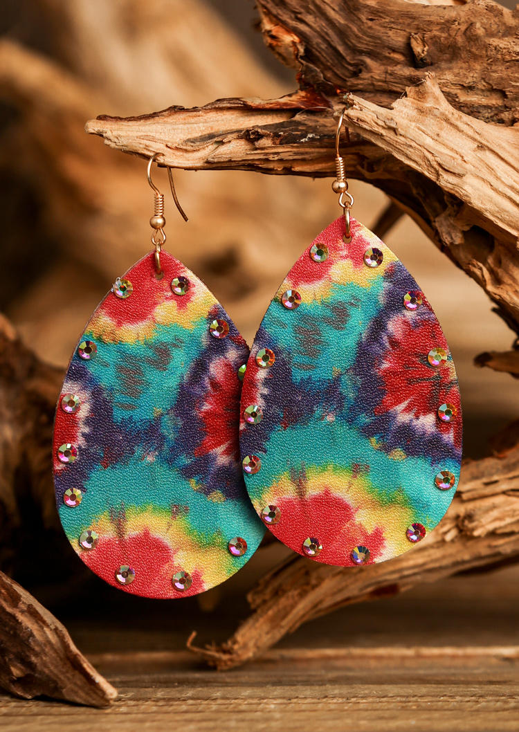 

Tie Dye Rhinestone Water Drop PU Leather Earrings, Cyan, 495474