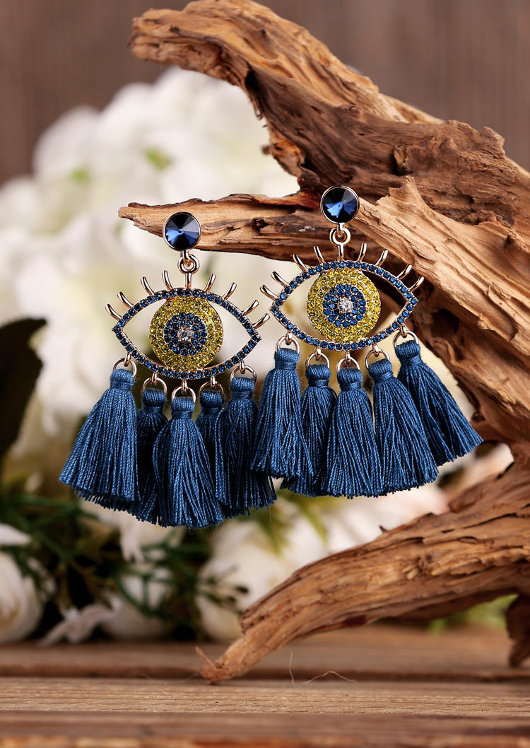 

Bohemian Eye Of Demon Tassel Hollow Out Rhinestone Earrings, Blue, 496412