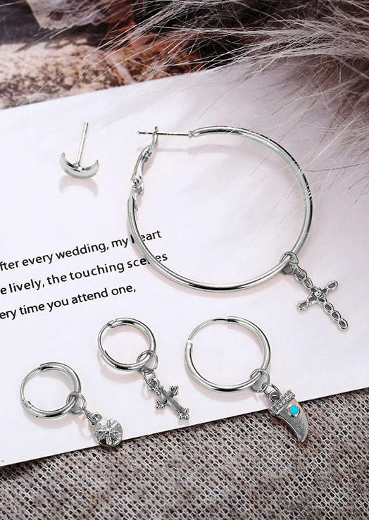 

5Pcs Cross Moon Star Alloy Pendant Earrings, Silver, 498595