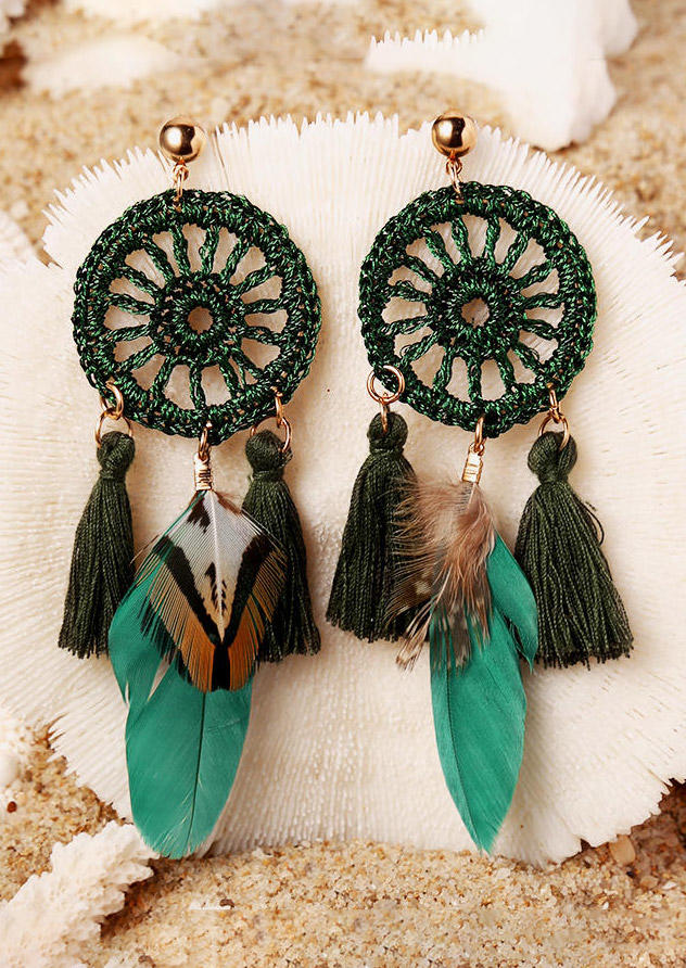 

Dreamcatcher Feather Tassel Drop Earrings, Green;burgundy, 499890