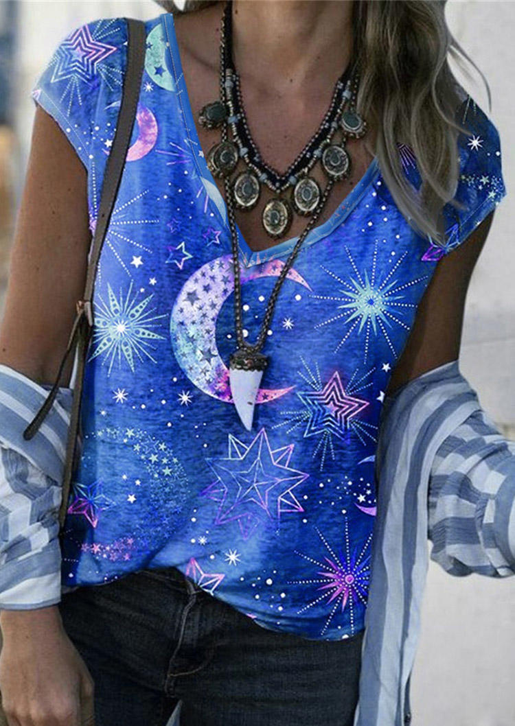 

Star Moon V-Neck Casual Blouse - Blue, 504616