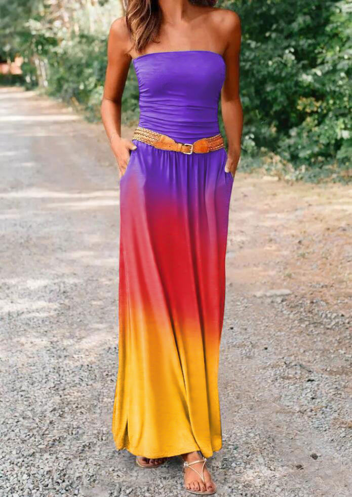 

Gradient Pocket Strapless Maxi Dress without Belt, Multicolor, 506193
