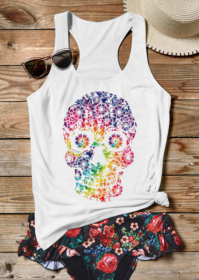 

Tie Dye Floral Skull Racerback Tank - White, 506311