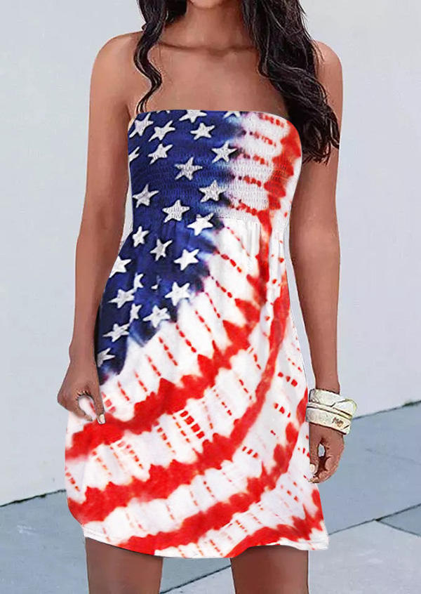 American Flag Star Smocked Strapless Mini Dress - Bellelily