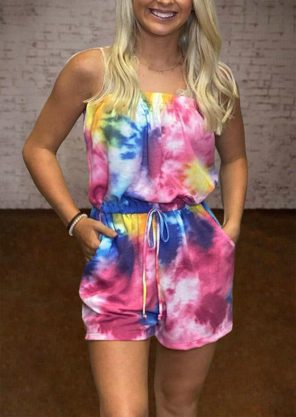 

Tie Dye Strapless Elastic Waist Pocket Romper, Multicolor, 506454