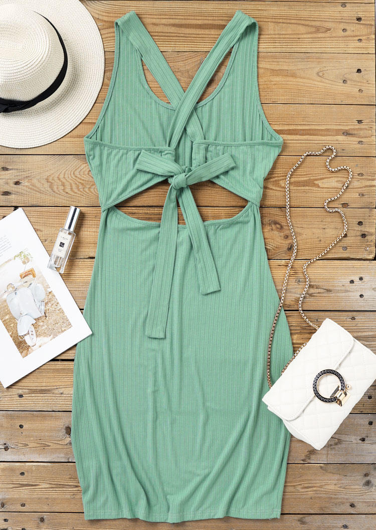 Hollow Out Open Back Tie Bodycon Dress - Light Green