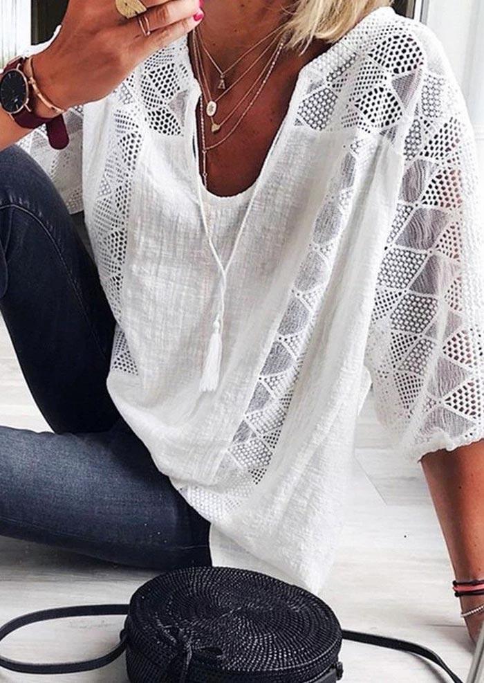 

Lace Tassel Drawstring Three Quarter Sleeve Blouse - White, 506530