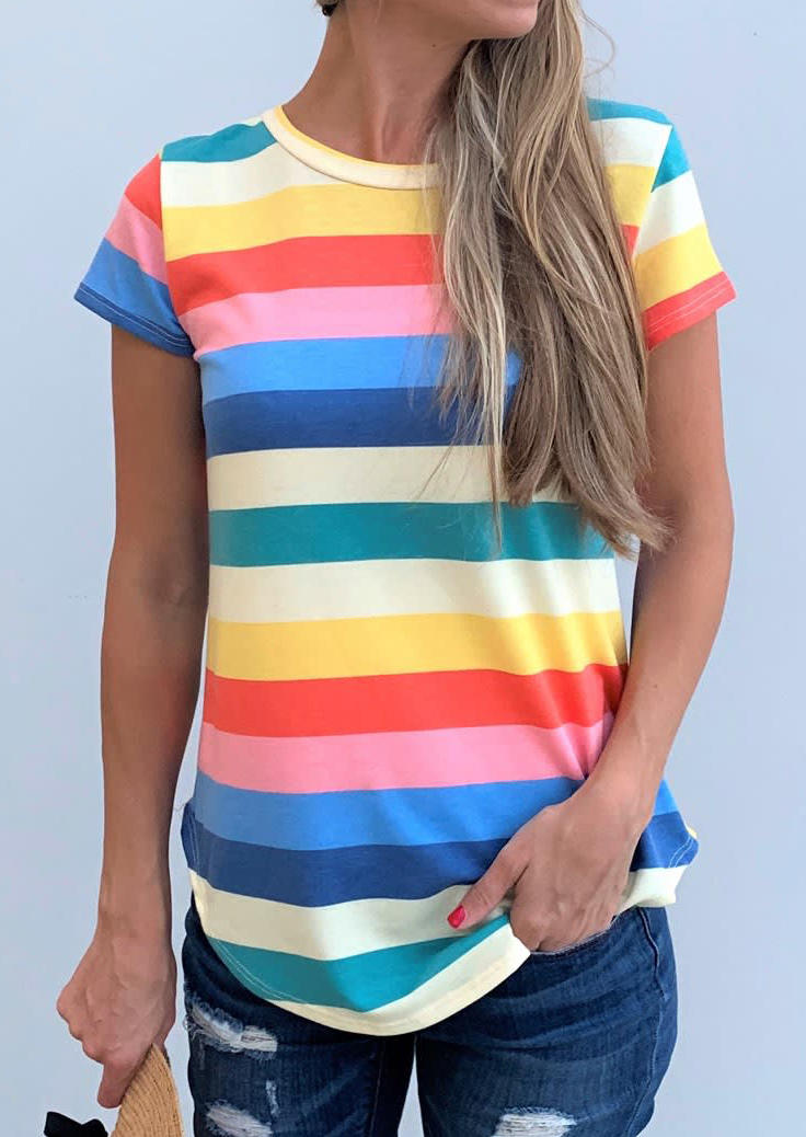 

Colorful Striped O-Neck T-Shirt Tee, Multicolor, 506549
