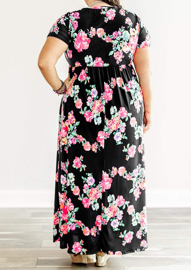 Plus Size Floral Pocket Elastic Waist Maxi Dress - Black