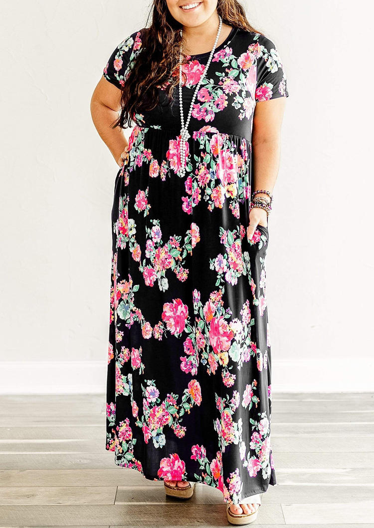 

Plus Size Floral Pocket Elastic Waist Maxi Dress - Black, 506564