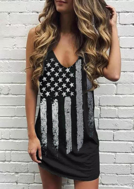 American Flag Star Striped Tank Mini Dress - Black - Bellelily