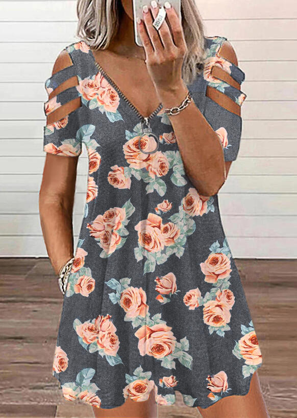 

Floral Zipper Hollow Out Mini Dress, Multicolor, 506583