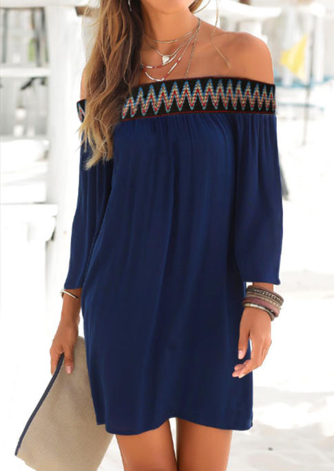 

Vintage Zigzag Ruffled Off Shoulder Mini Dress - Navy Blue, 506601