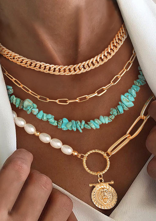

4Pcs Bohemian Turquoise Beading Layered Necklace Set, Gold, 506605