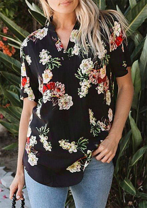 

Floral Short Sleeve V-Neck Blouse, Multicolor, 506616