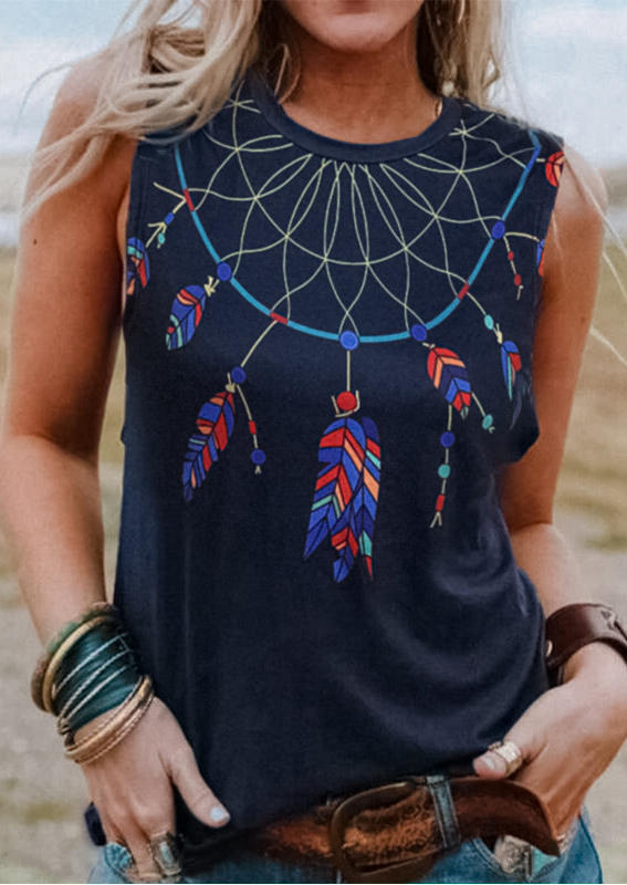

Dreamcatcher Feather Sleeveless Tank - Navy Blue, 506417