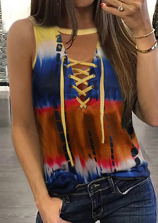 

Tie Dye Lace Up Keyhole Neck Casual Tank, Multicolor, 506441