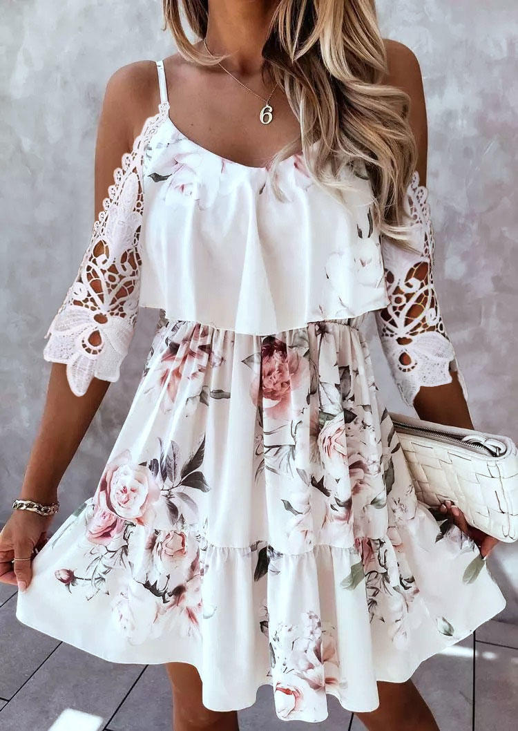 

Floral Lace Splicing Ruffled Cold Shoulder Mini Dress, Multicolor, 506581