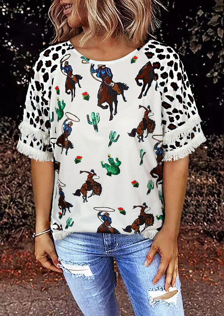 

Leopard Tassel Cowboy Horse Cactus Blouse, Multicolor, 506631