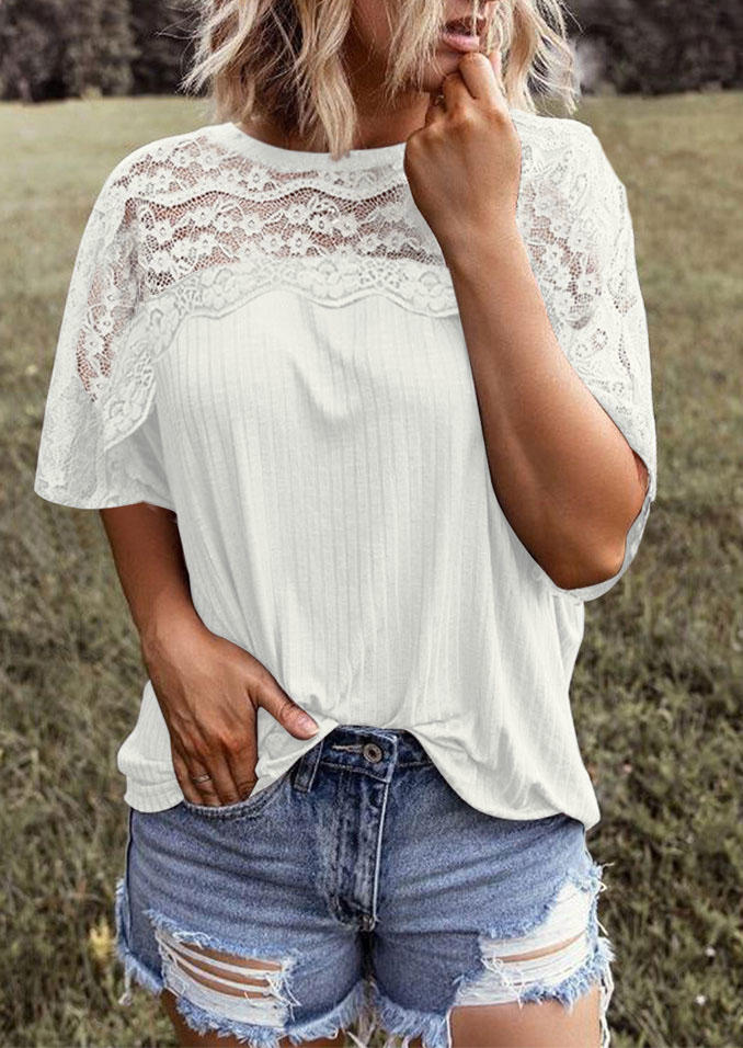 

Floral Lace Splicing Blouse - White, 506640